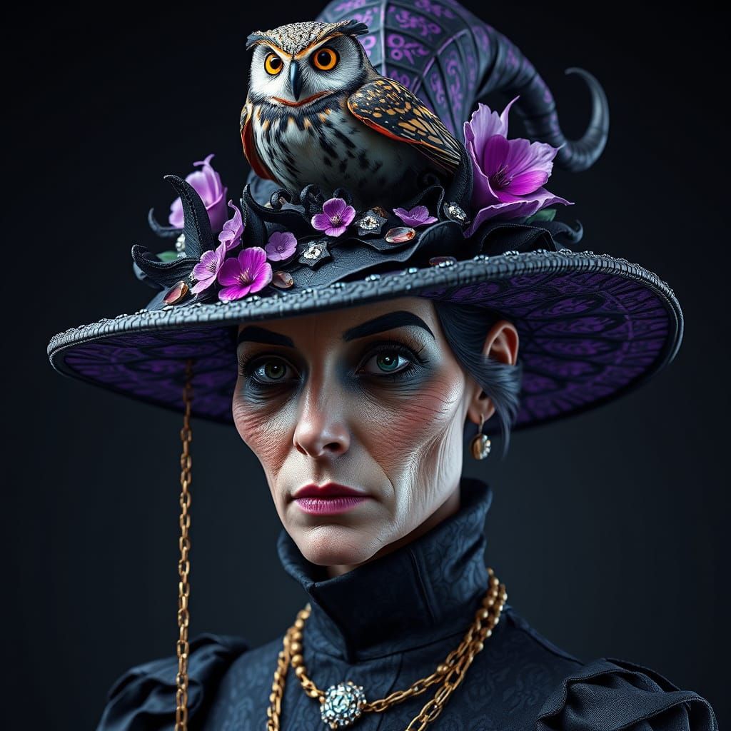 Witch Portrait with Unique Floral Metal Hat