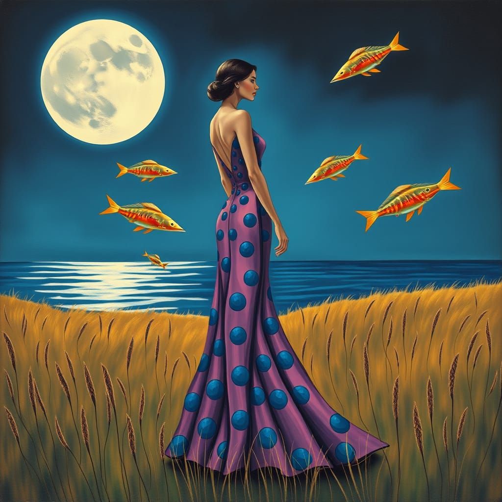 Elegant Woman Surrounded by Metallic Fish in a Futuristic Mo...