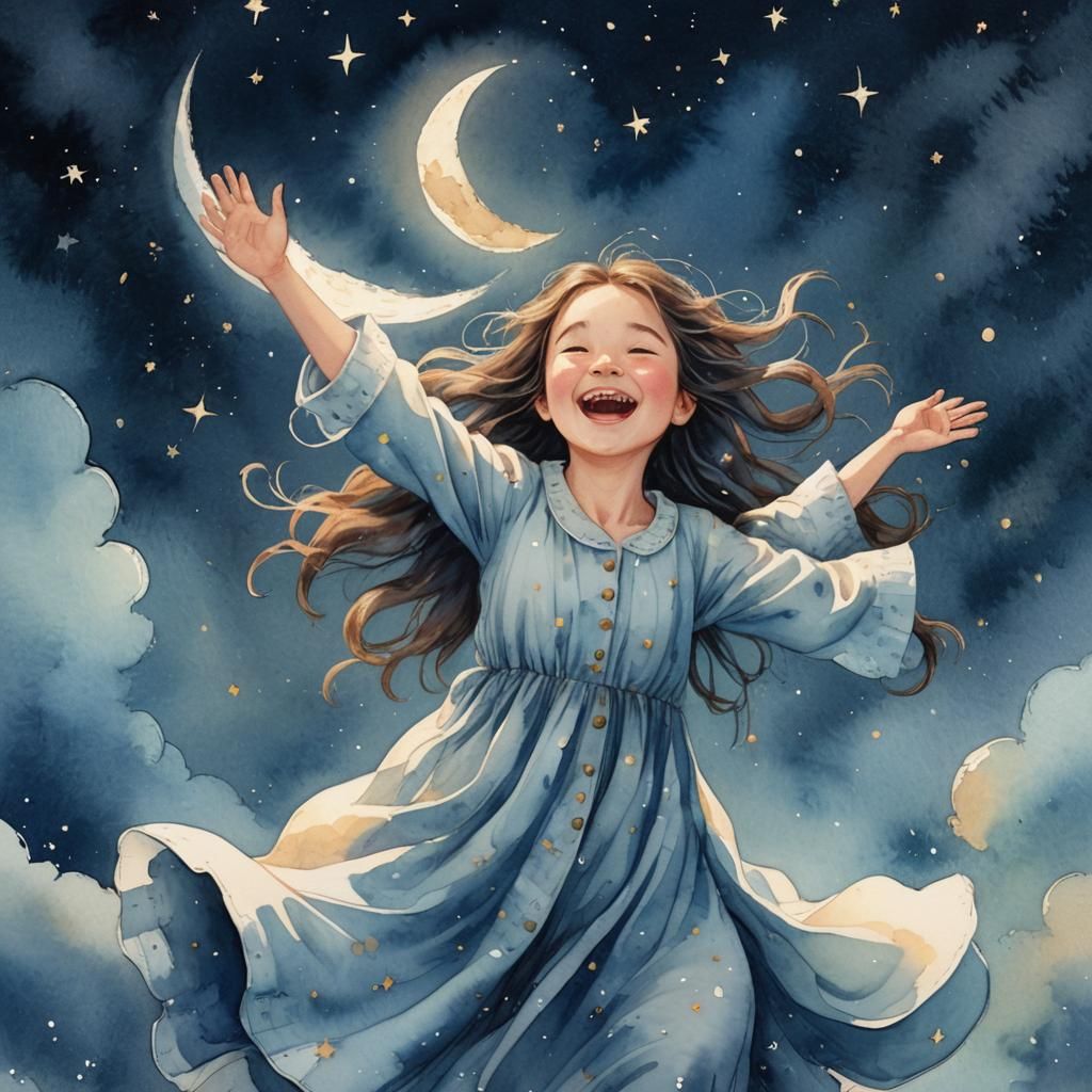 Magical Flight: Whimsical Watercolor Illustration of Girl in...