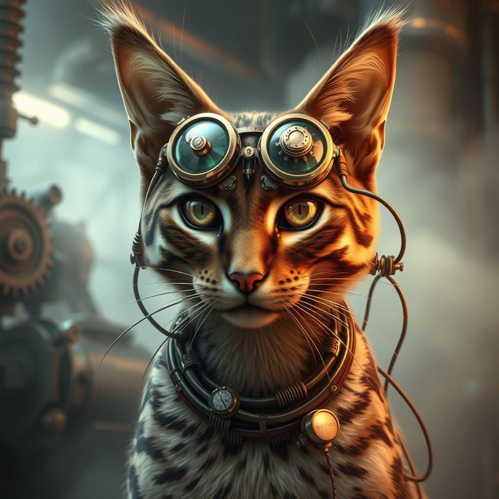 Steampunk Cat with Brass Goggles and Cybernetic Enhancements