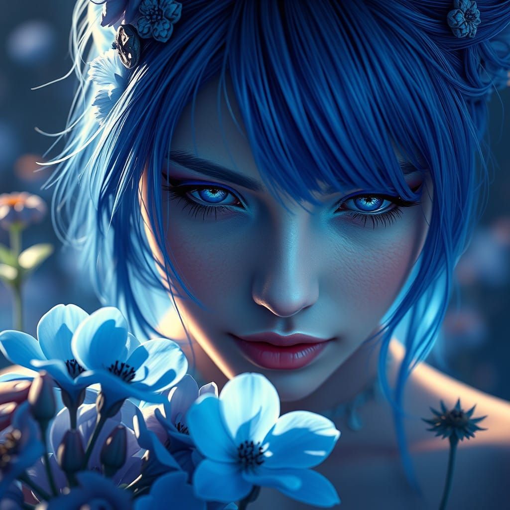 Ethereal Blue Goddess Among Vibrant Blooms