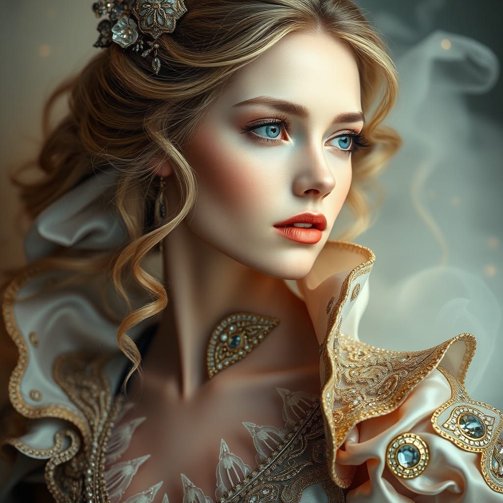 Hyperrealistic Portrait of a Beautiful Woman in Vibrant, Orn...