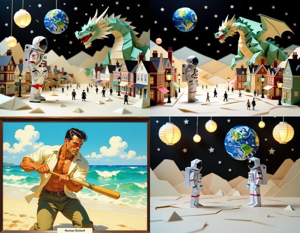 Paper Astronaut on Moonscape in Norman Rockwell Style