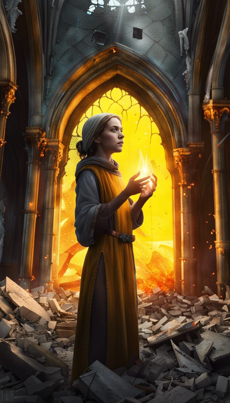 Girl Warms Hands by Fire in Cathedral Ruins