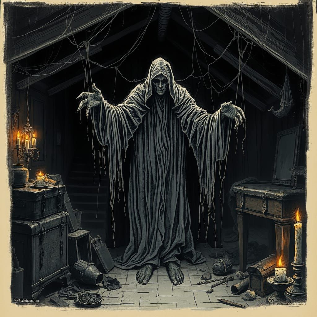 Ghost in a Haunting, High-Contrast Attic Scene