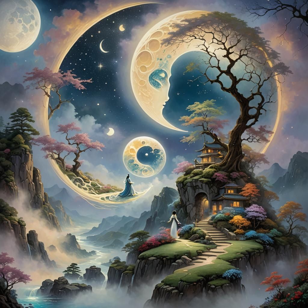 Embracing Couple in Ethereal Yin Yang Fantasy