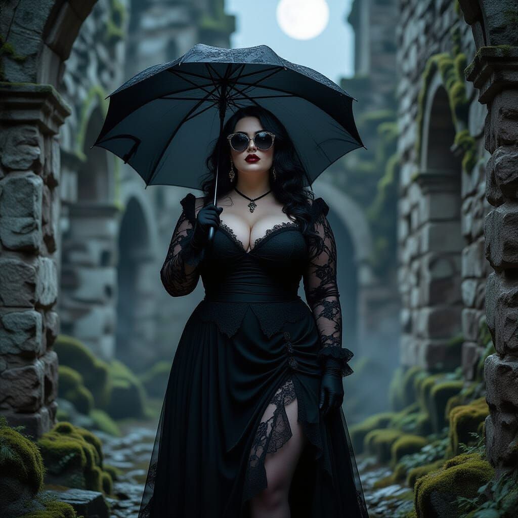 Goth Woman in Castle Ruins Under Moonlight