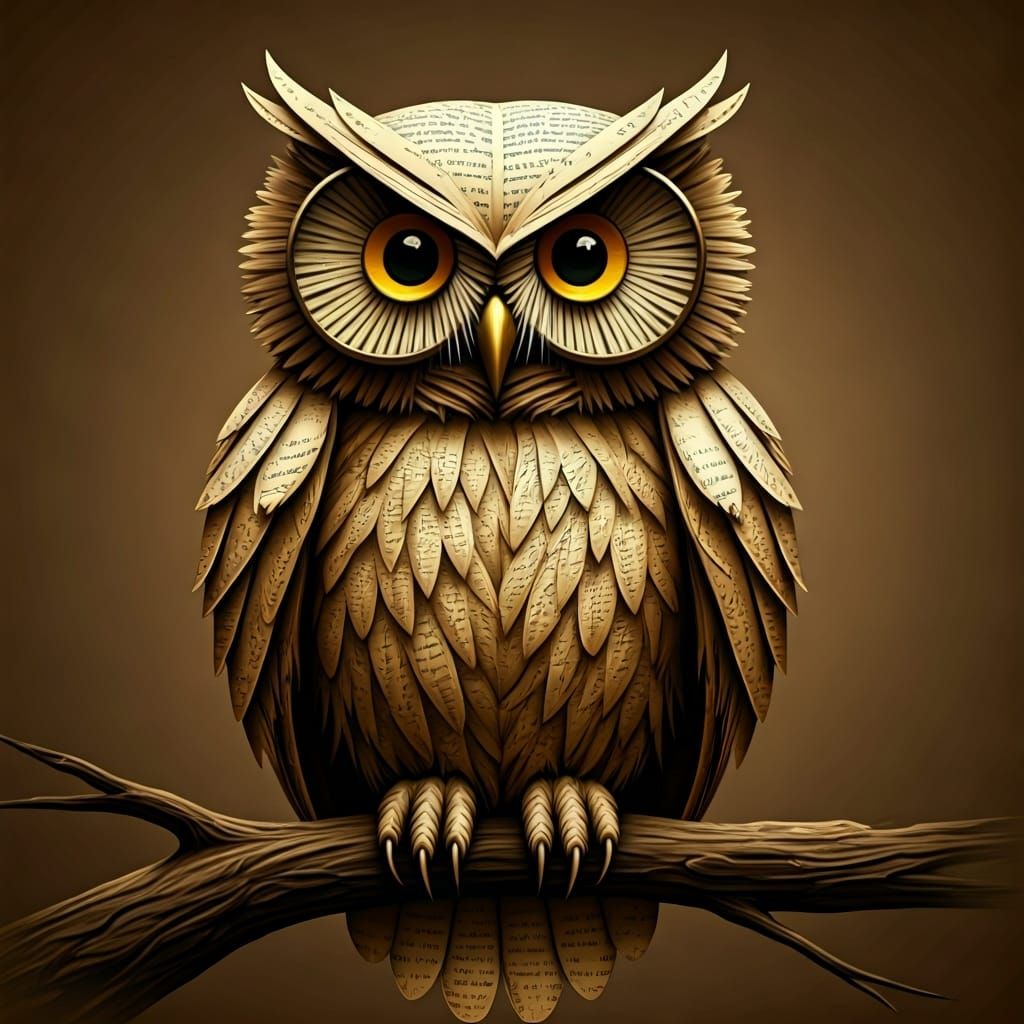 Parchment Owl Perched on Branch in Sepia Tones