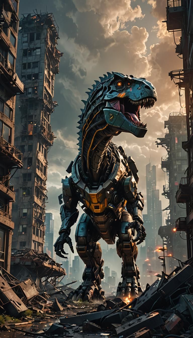 T-Rex in Futuristic Exosuit Amidst Ruined City