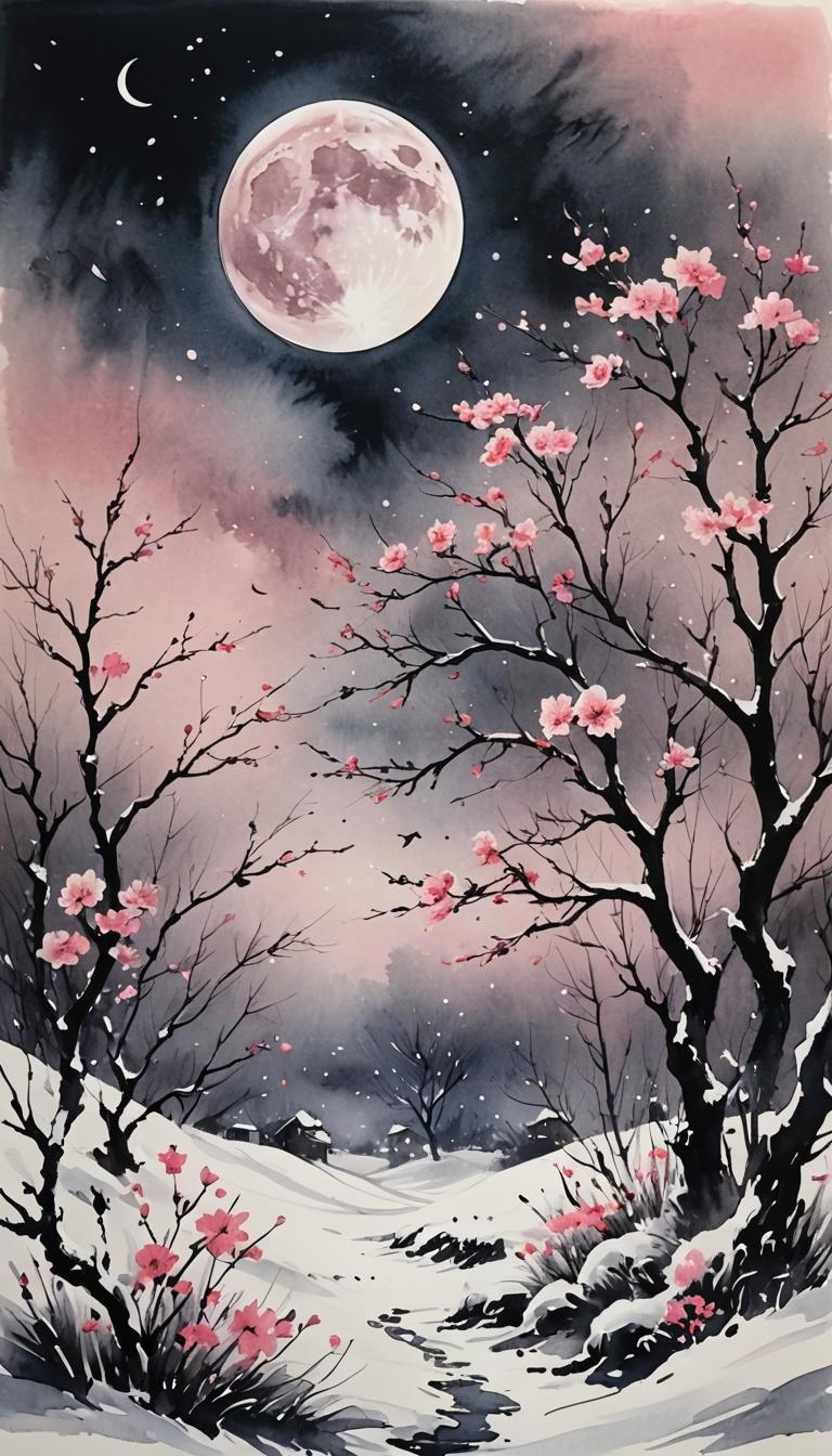 Ink Painting of Flowers, Snow, Moon at Night
