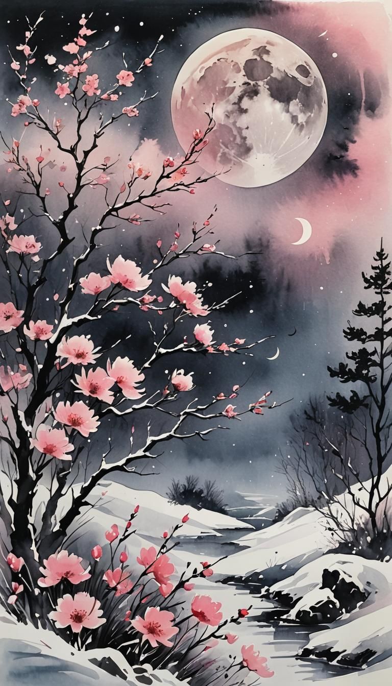 Ink Painting of Wind, Flowers, Snow, and Moon