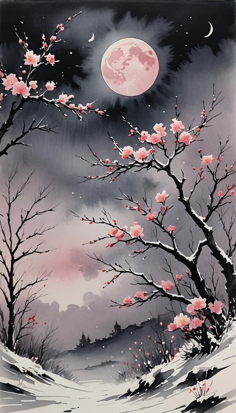 Ink Painting of Wind, Flowers, Snow, and Moon