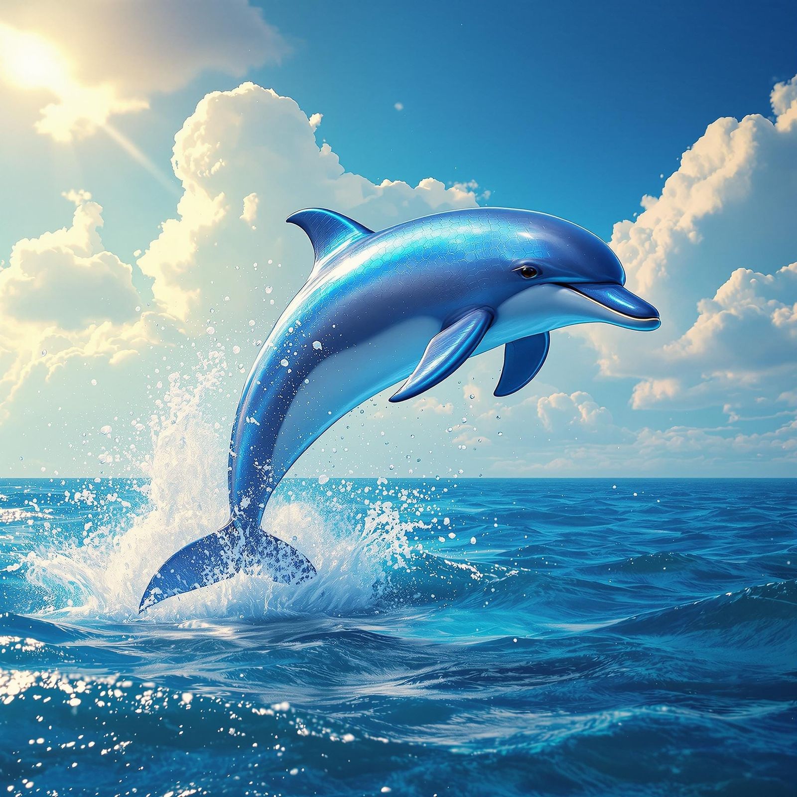 Majestic Dolphin Leaps in Turquoise Ocean Under Brilliant Bl...