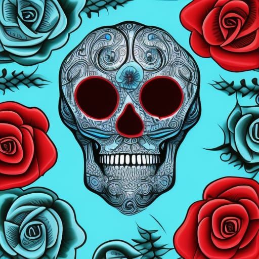 Blue Skull with Roses and Thorns in Abstract Style
