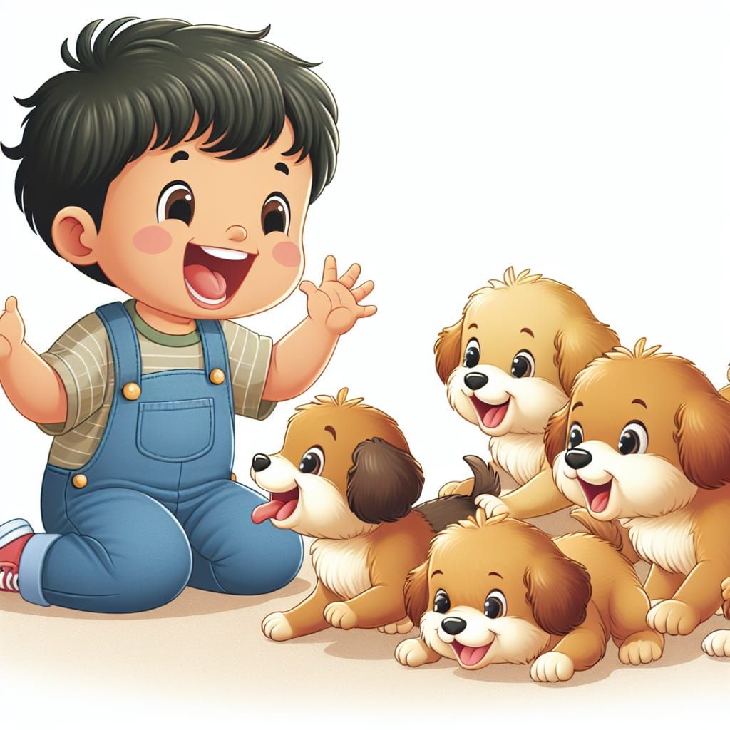 Joyful Hispanic Boy Plays with Happy Puppies