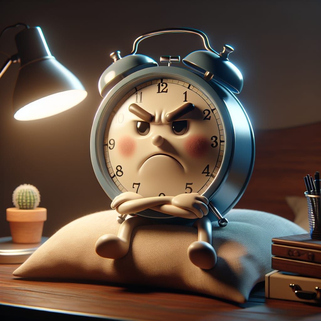 Grumpy Alarm Clock in Cosy Bedroom: 3D Render