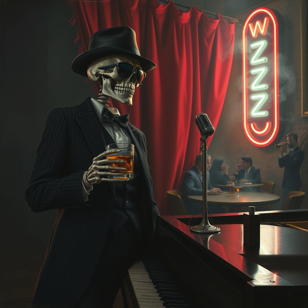 Dark Fantasy Oil Painting: Skeleton in Pinstripe Suit under ...