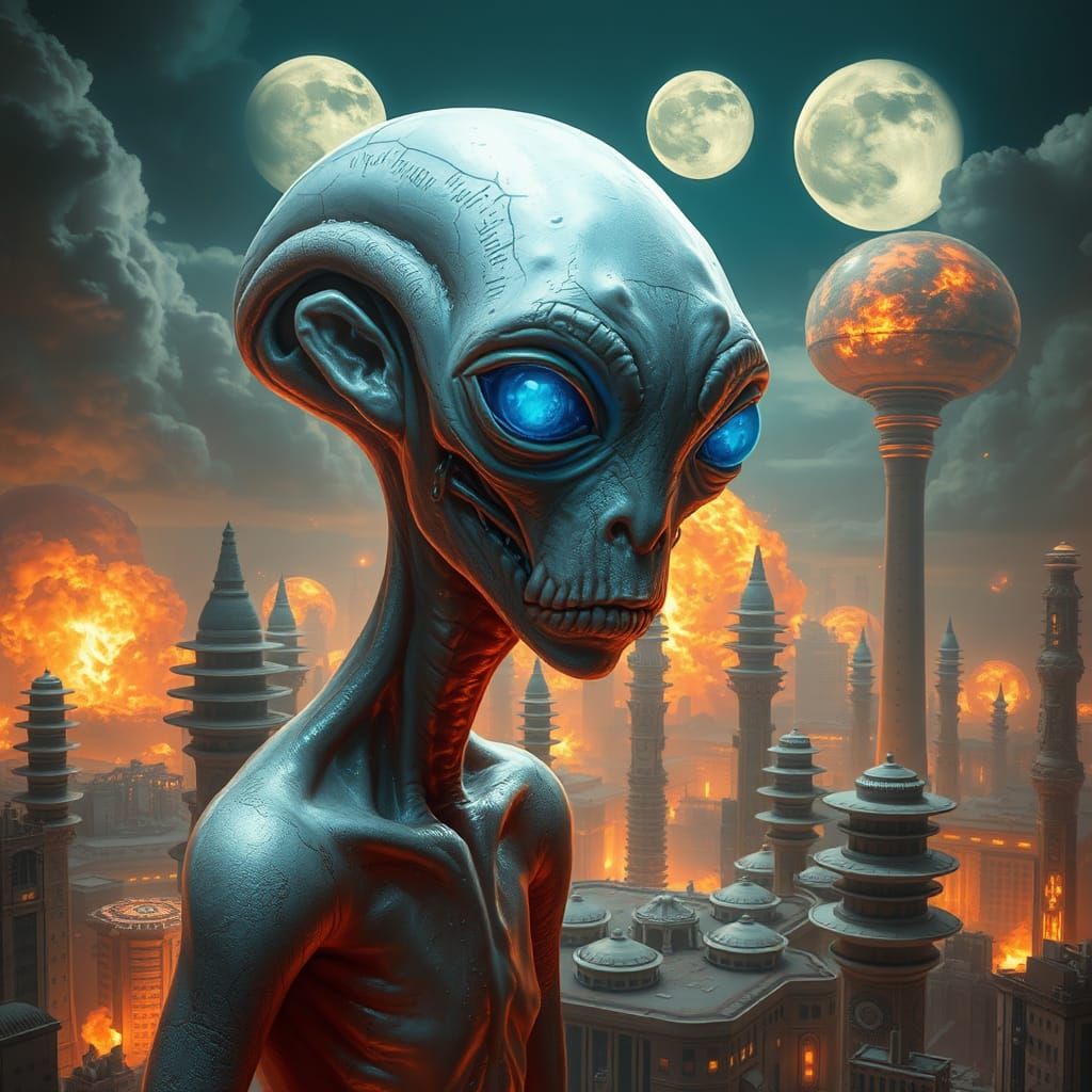 Weeping Alien in a Destroyed Sci-Fi City