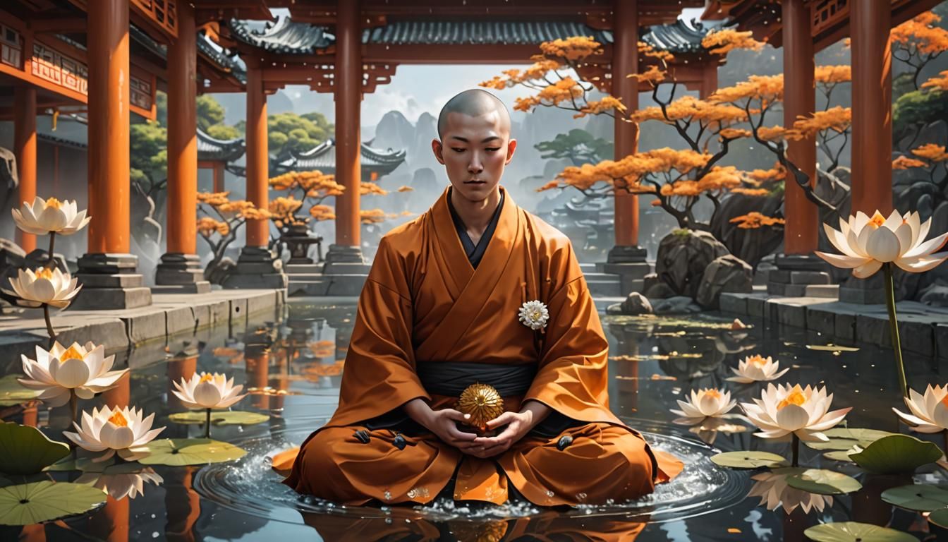 Monk Meditating Near Golden Lotus, 3D Anime Art