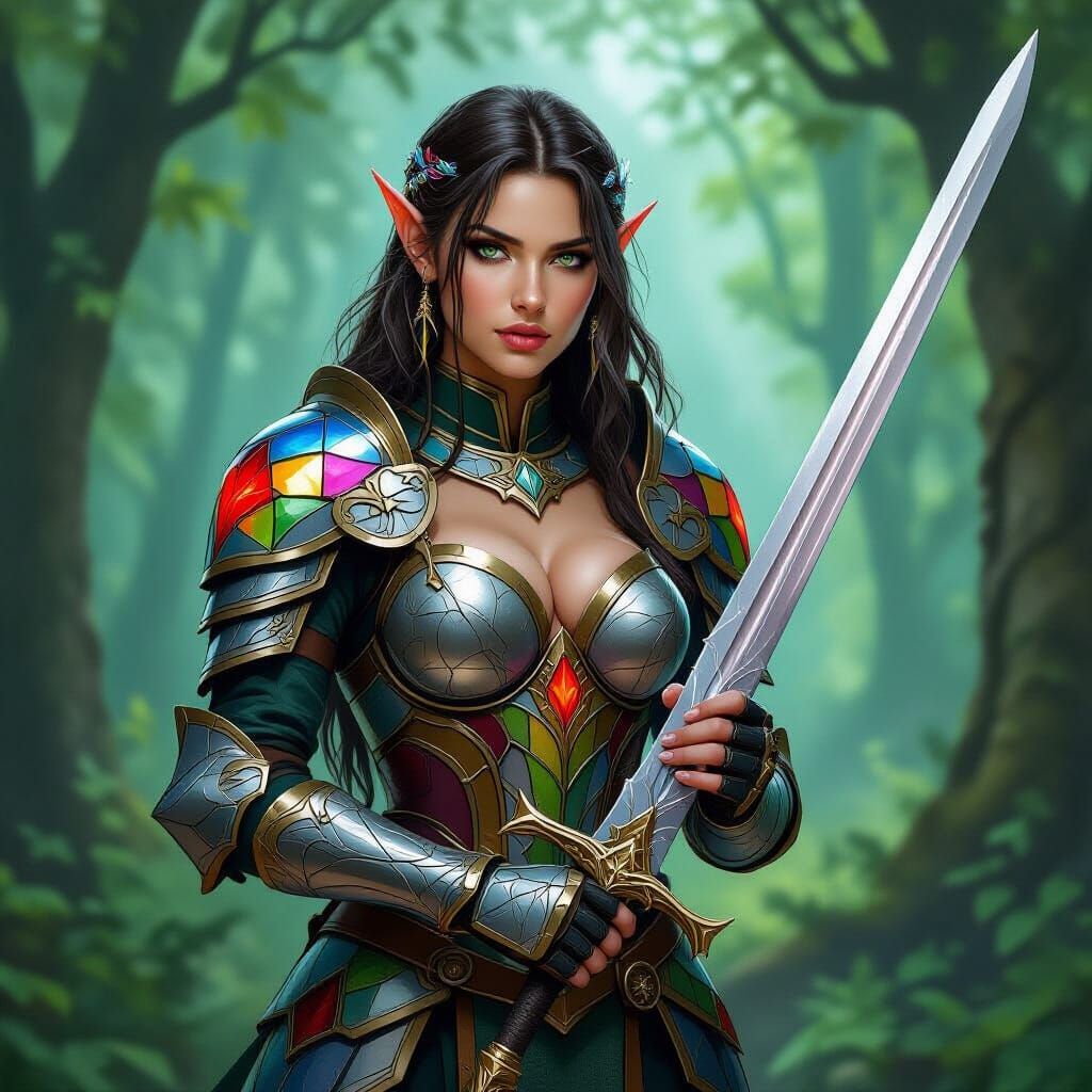 Stained Glass Elf Warrior in Forest