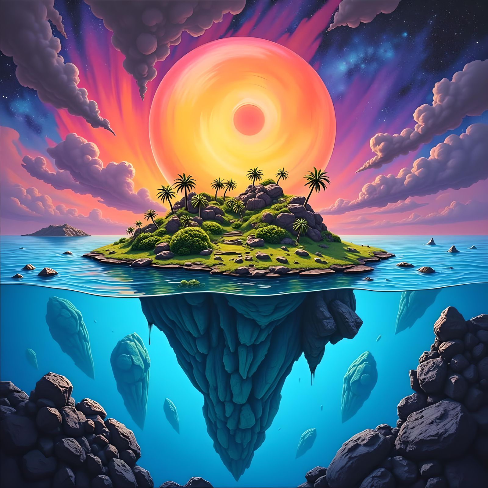 Vibrant Sci-Fi Island Painting