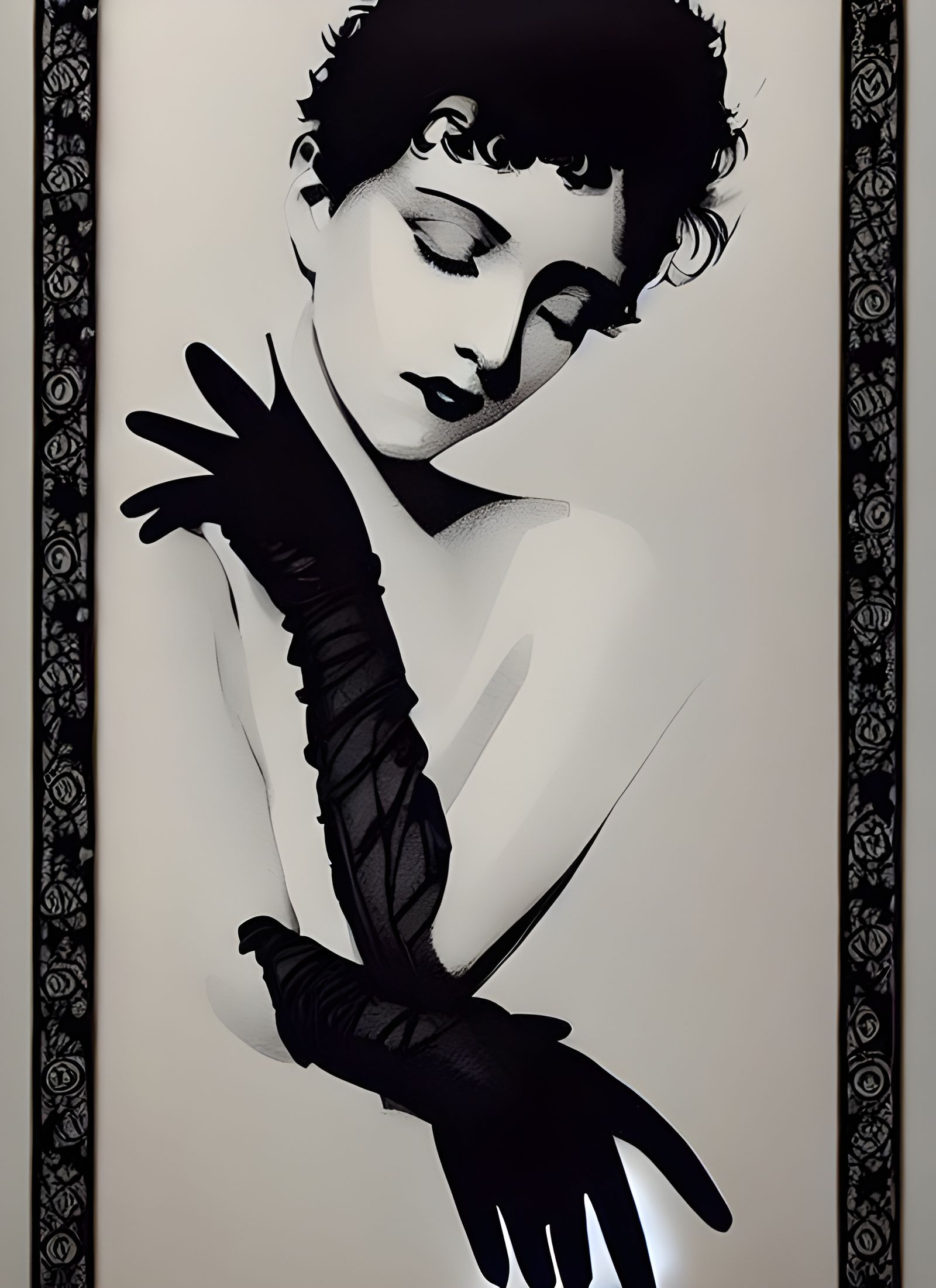 Black Roses and Ornate Ink Frame in Gouache