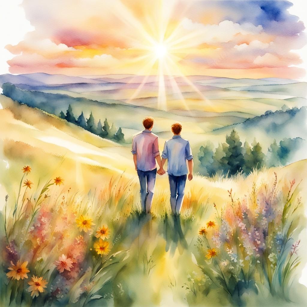 Gay Lovers Picnic at Sunset, Watercolor Painting