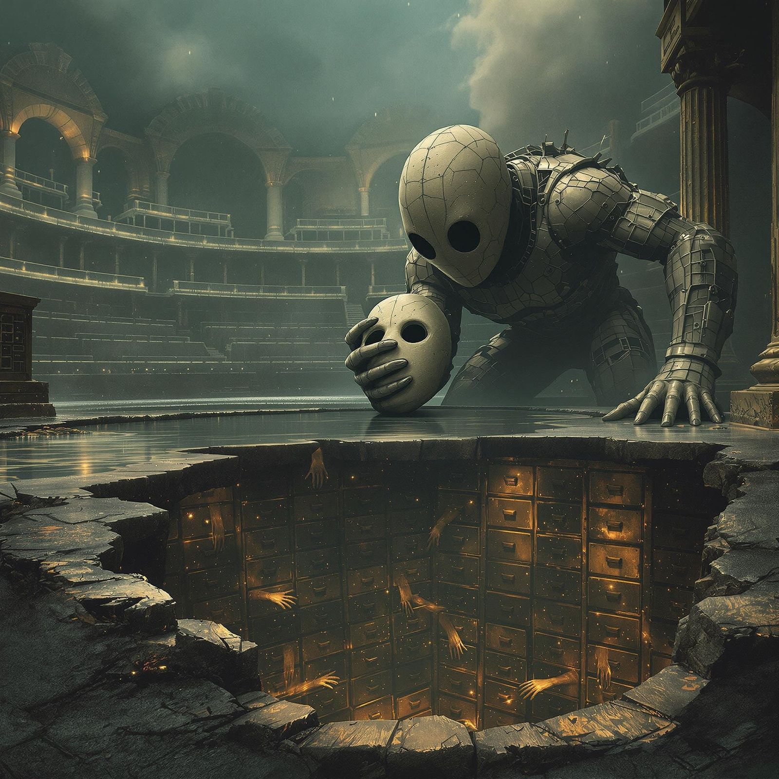 Surreal Titan Amidst Flooded Ruins in Dark, Gloom-Filled Lan...