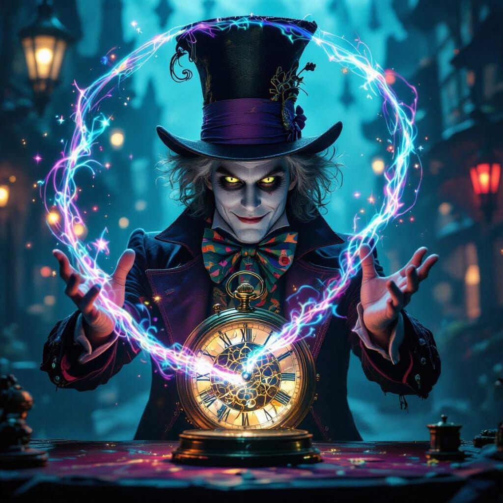 Mad Hatter Magician Opens Pocket Watch Portal with Cheshire ...
