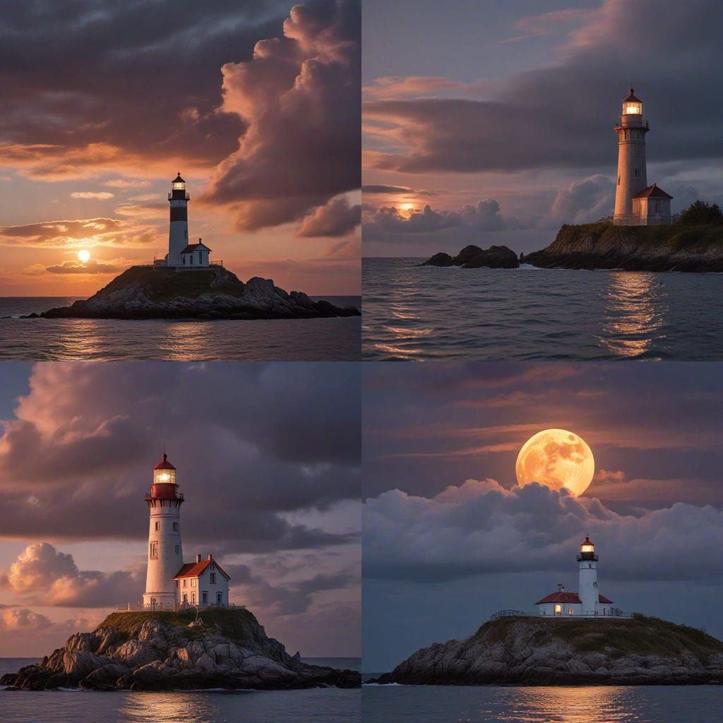 Baroque Lighthouse on Island Under Moonlit Sunset Clouds