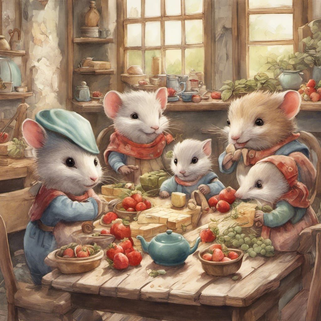 Anthropomorphic Strawberry Mice Family in Garden, 3D Art