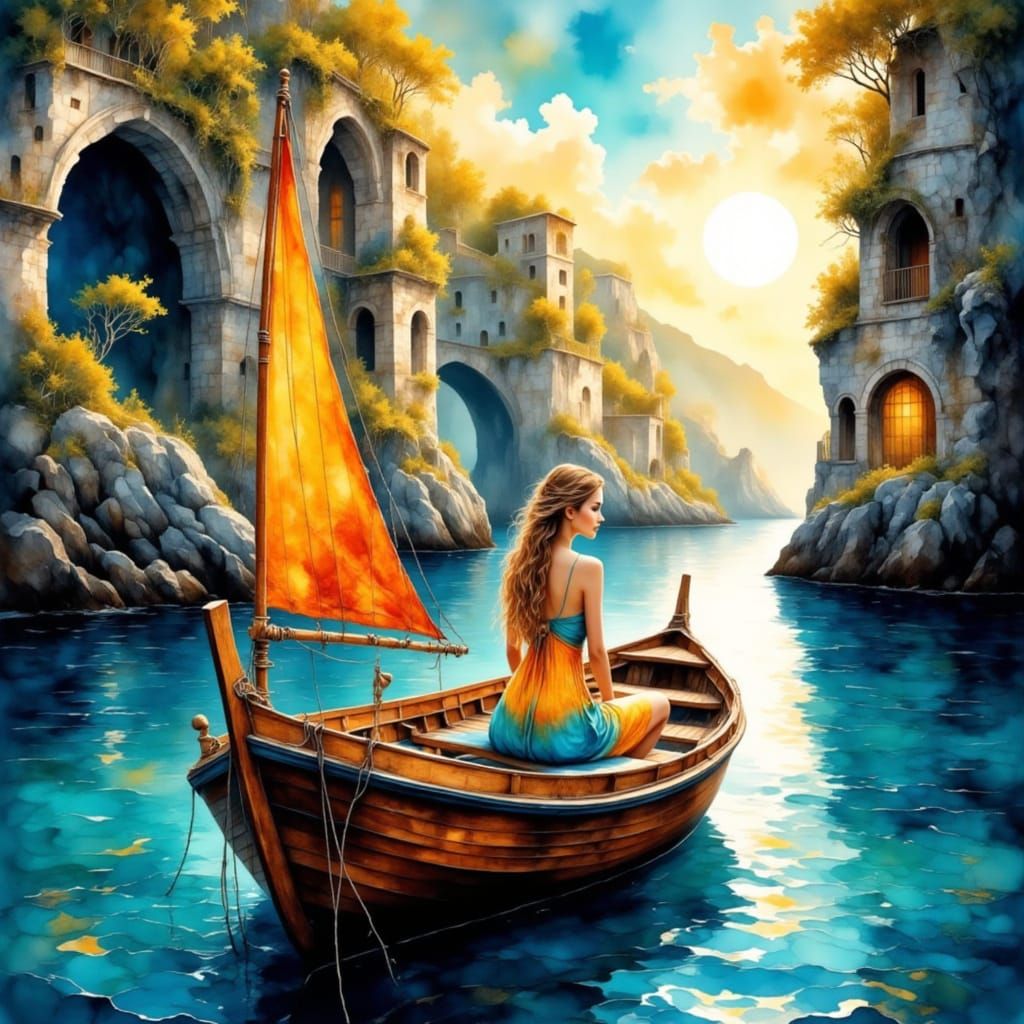 Ethereal Sailing Scene in Watercolour Style