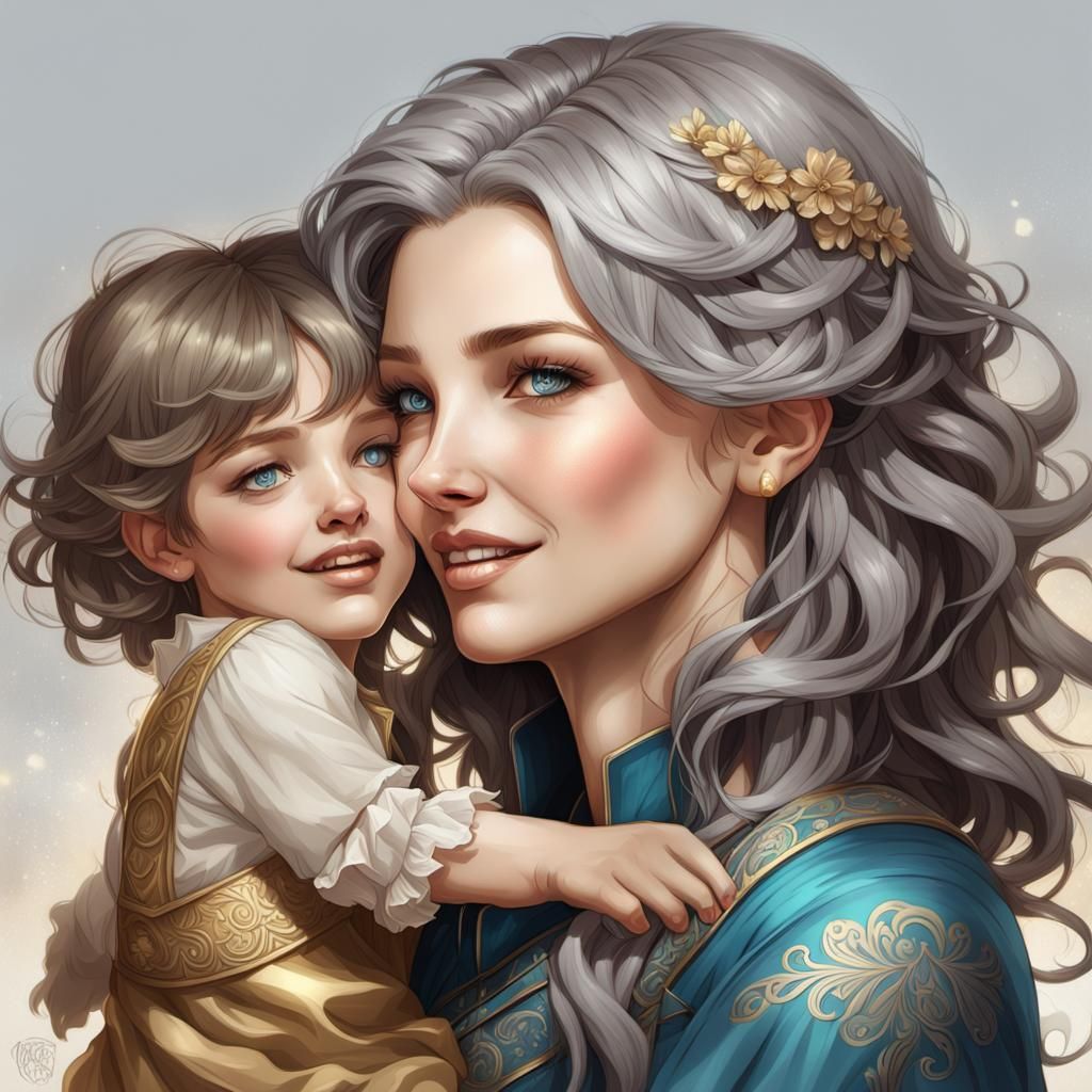 Enchanting Portrait of Mother and Child, Digital Art