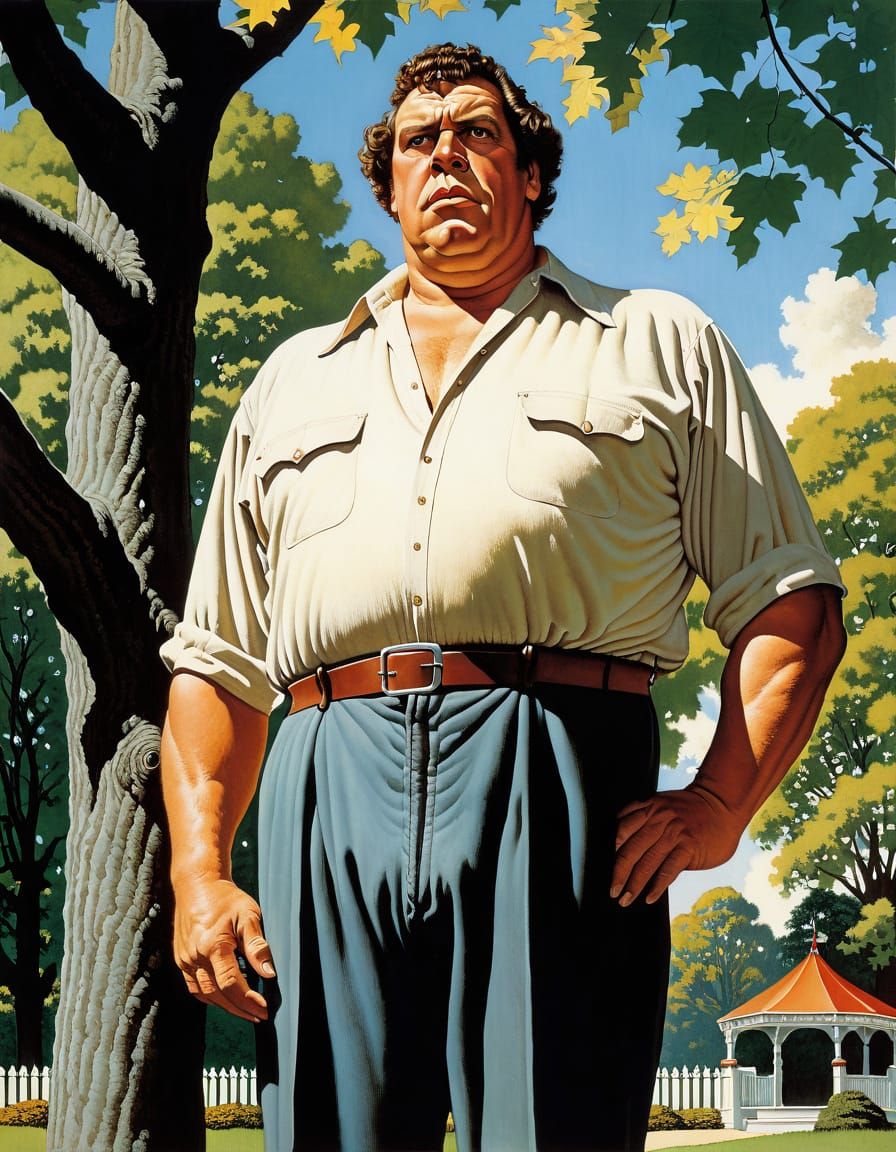 Andre the Giant in a Norman Rockwell Style Park Illustration