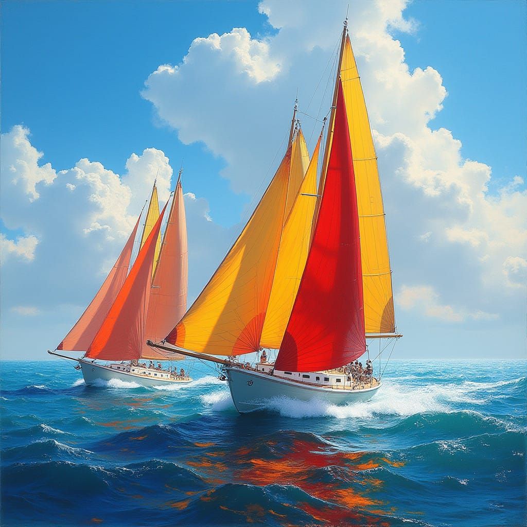 Vibrant Sailboats Racing Across Ocean Waves