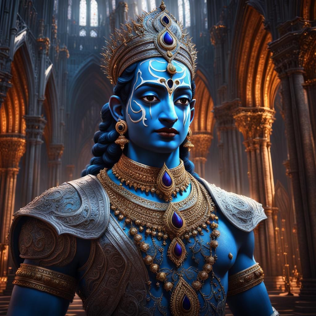Krishna in Gothic Cathedral: Fantasy Concept Art