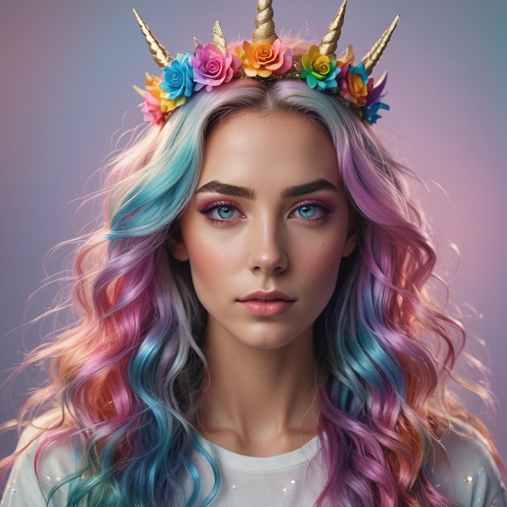 Ethereal Woman with Unicorn Crown in Digital Portrait