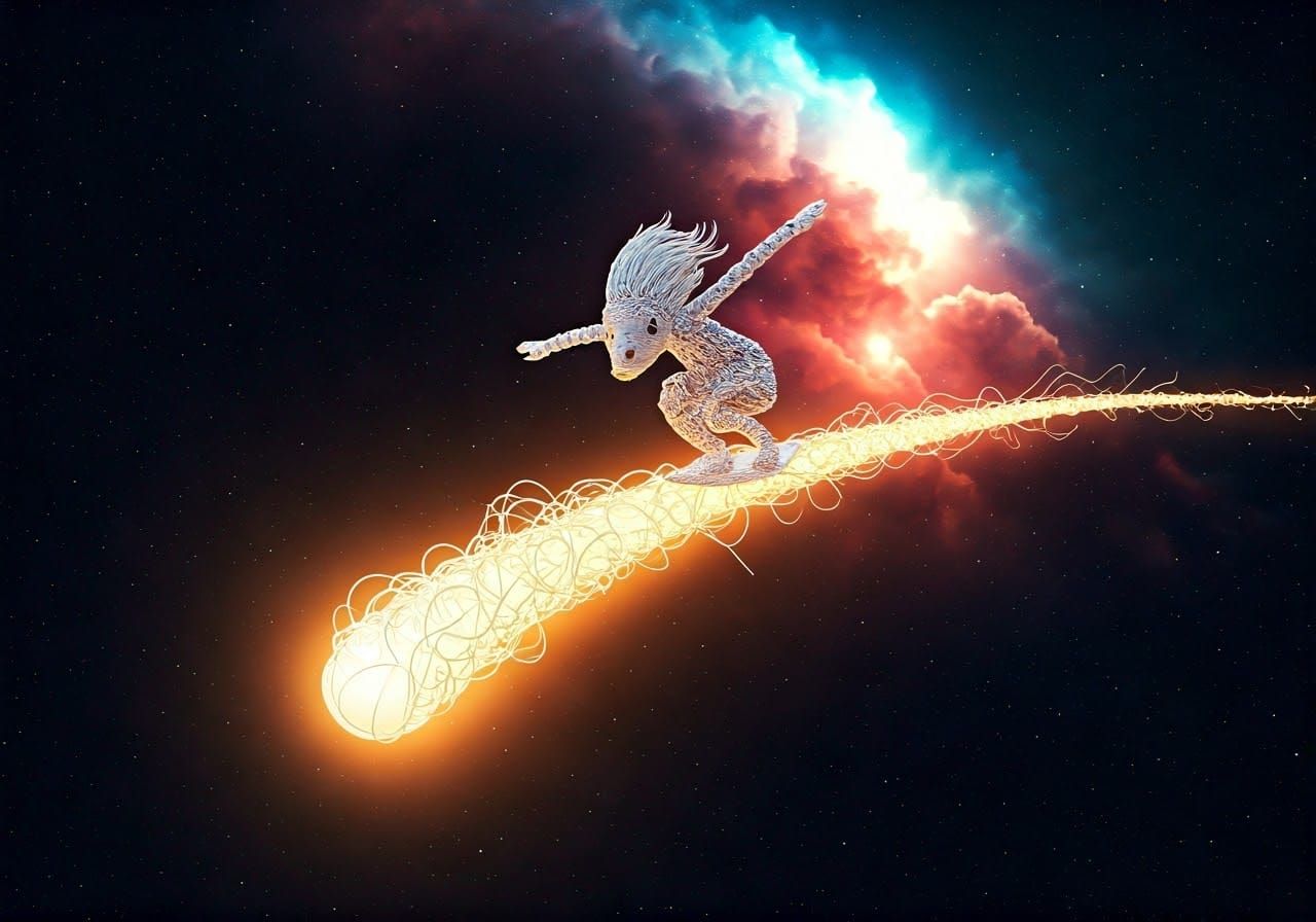 Kawaii Surfer on Comet's Luminous Tail in Swirling Stardust