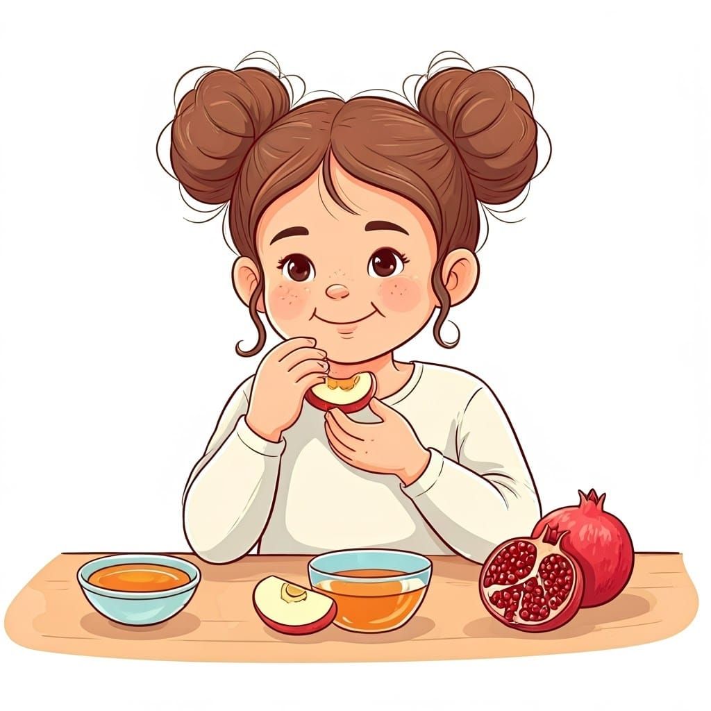 Sweet Jewish Girl Eating Apple with Honey, Childish Drawing