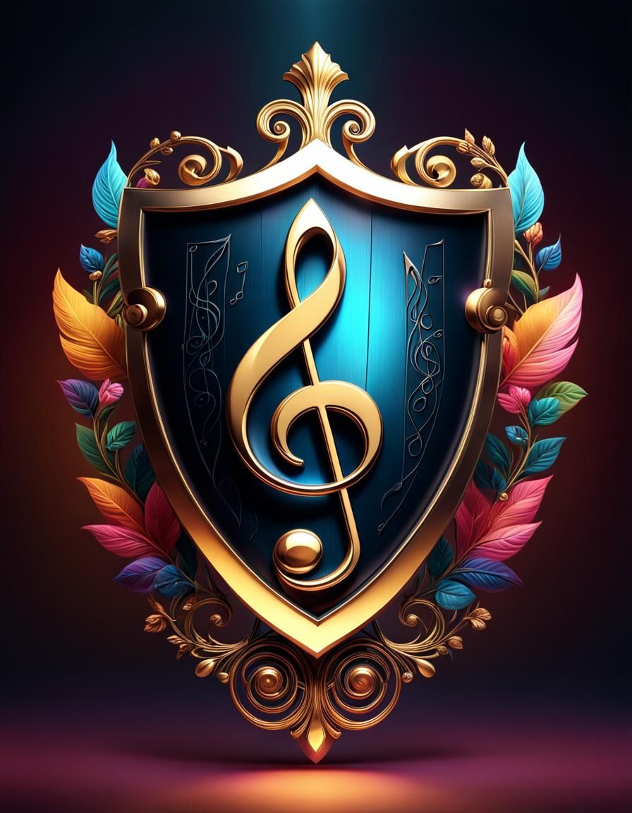 Musical Shield with Treble Clef in Hyperrealistic Style