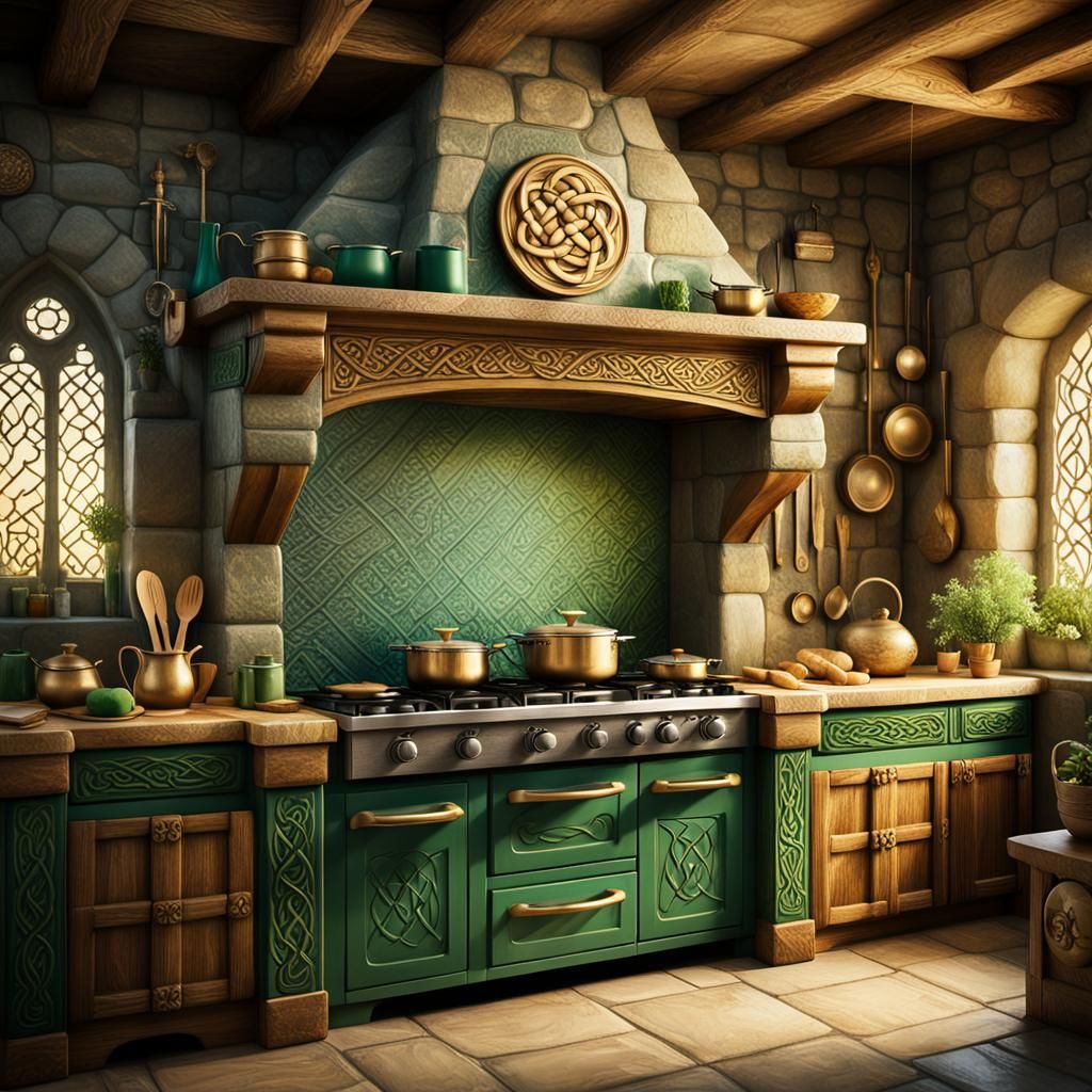 Celtic Mythology Castle Kitchen with Wooden Accents