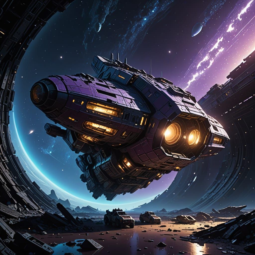 Damaged Spaceship Drifting Near Binary Star System