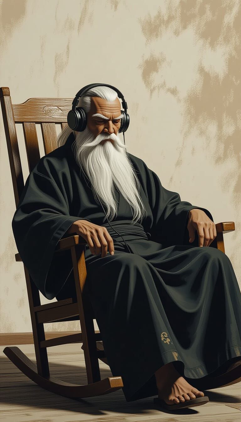 Wise Master in Rocking Chair with Zen Background