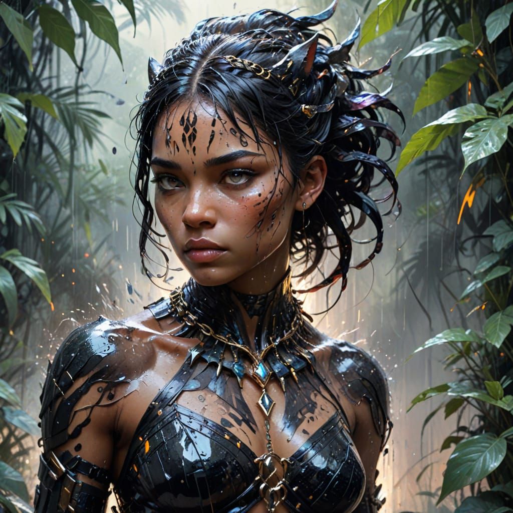 Ethereal Pantheress Emerges from Rainy Jungle Shadows