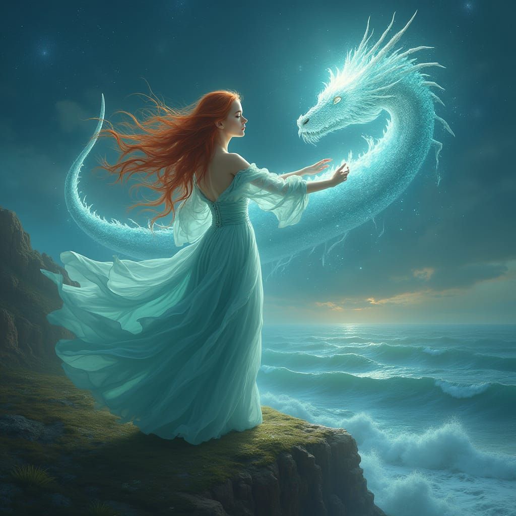 Goddess Summons Dragon on Windswept Cliff