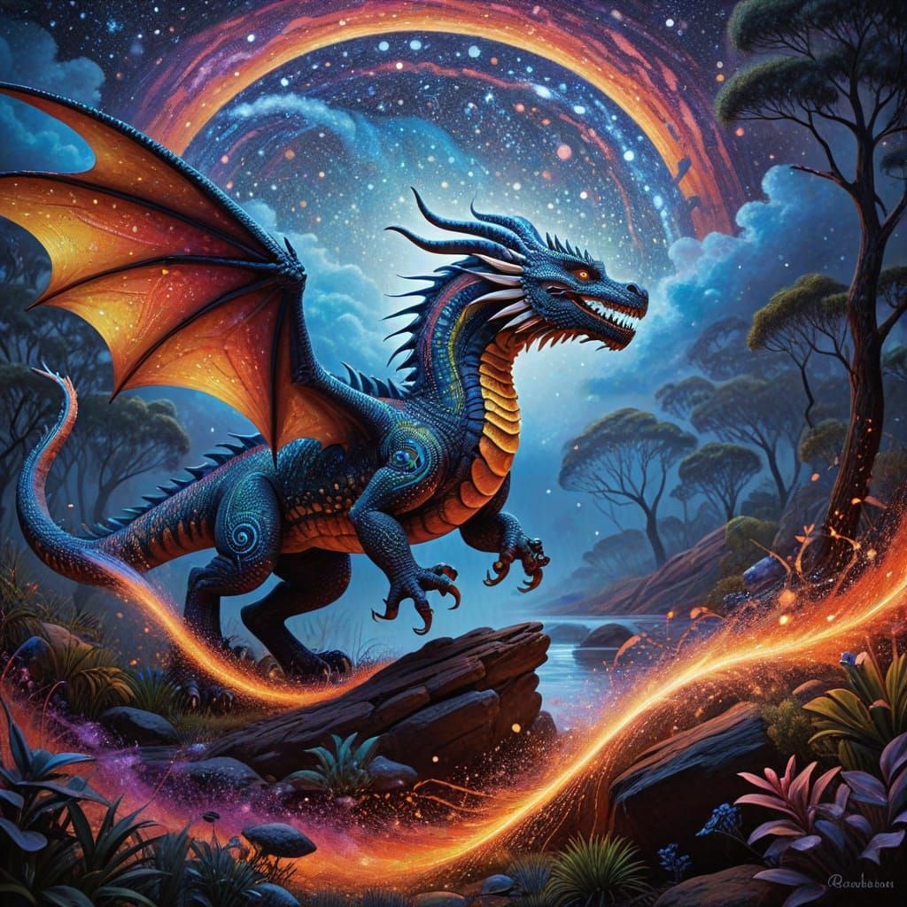 Aboriginal Dreamtime Landscape with Rainbow-Hued Dragon and ...