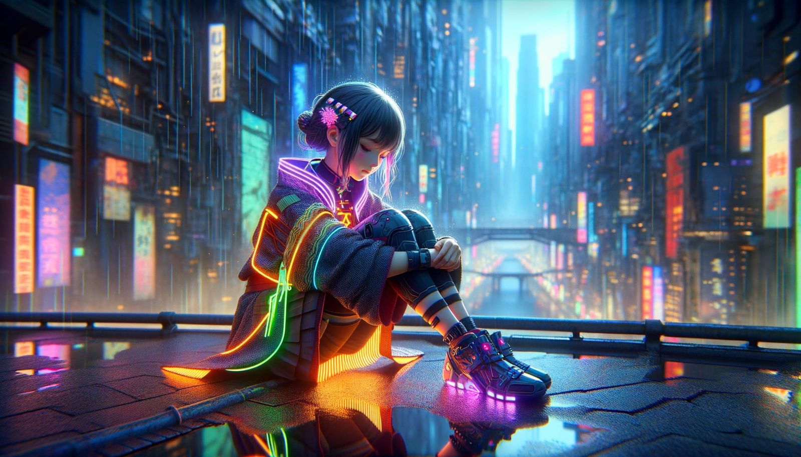 Shy Anime Girl in Cyberpunk Rainy Scene