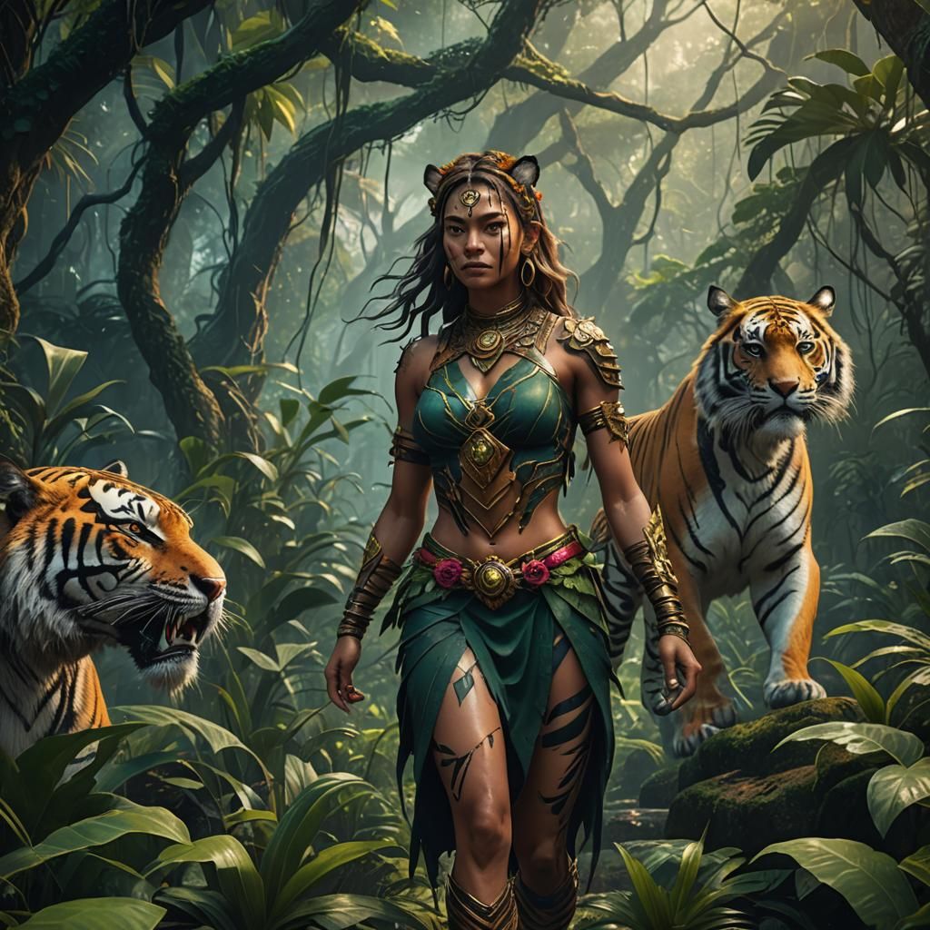Tiger Woman in Jungle: Detailed Fantasy Art
