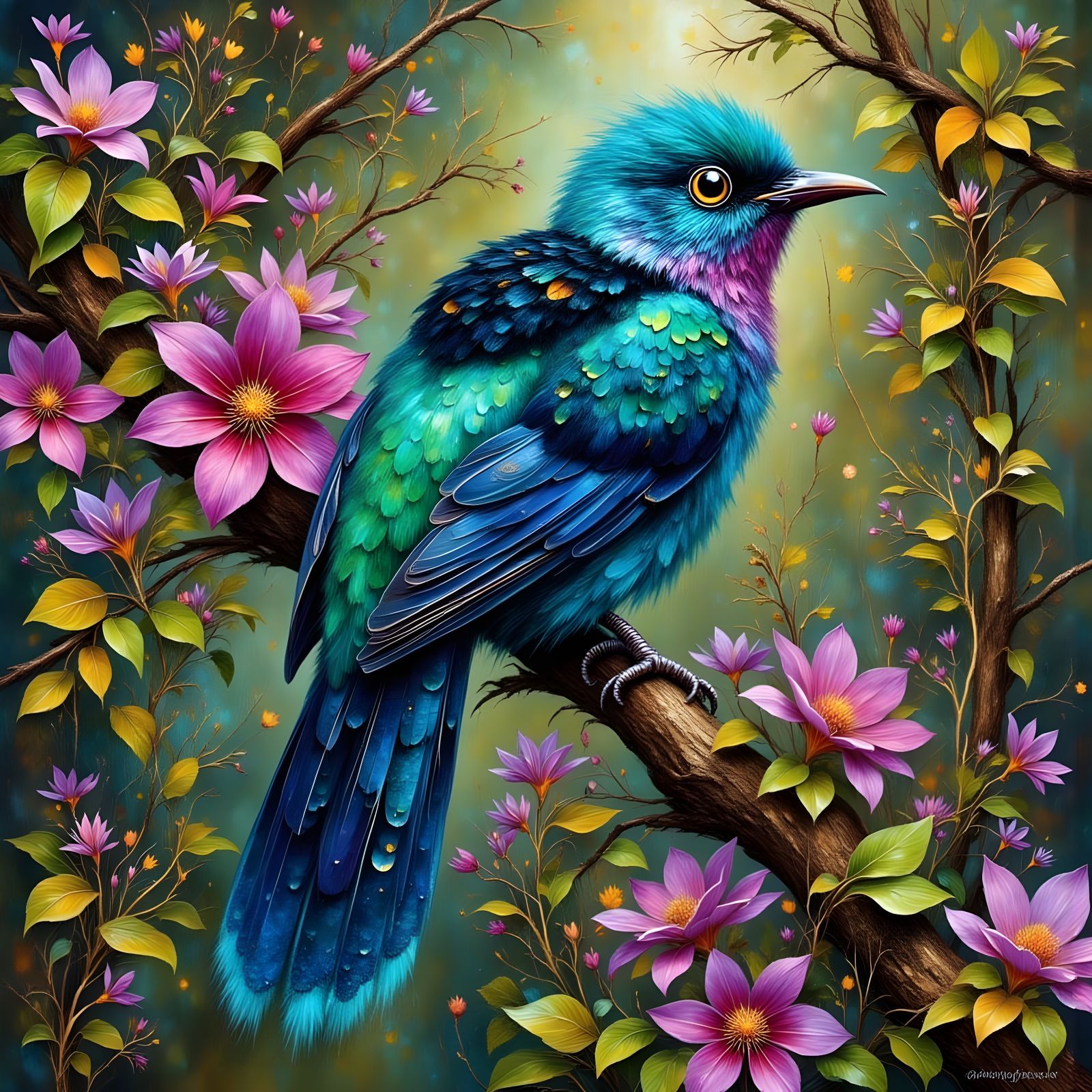 Spangled Cotinga Bird in Rainforest Bloom