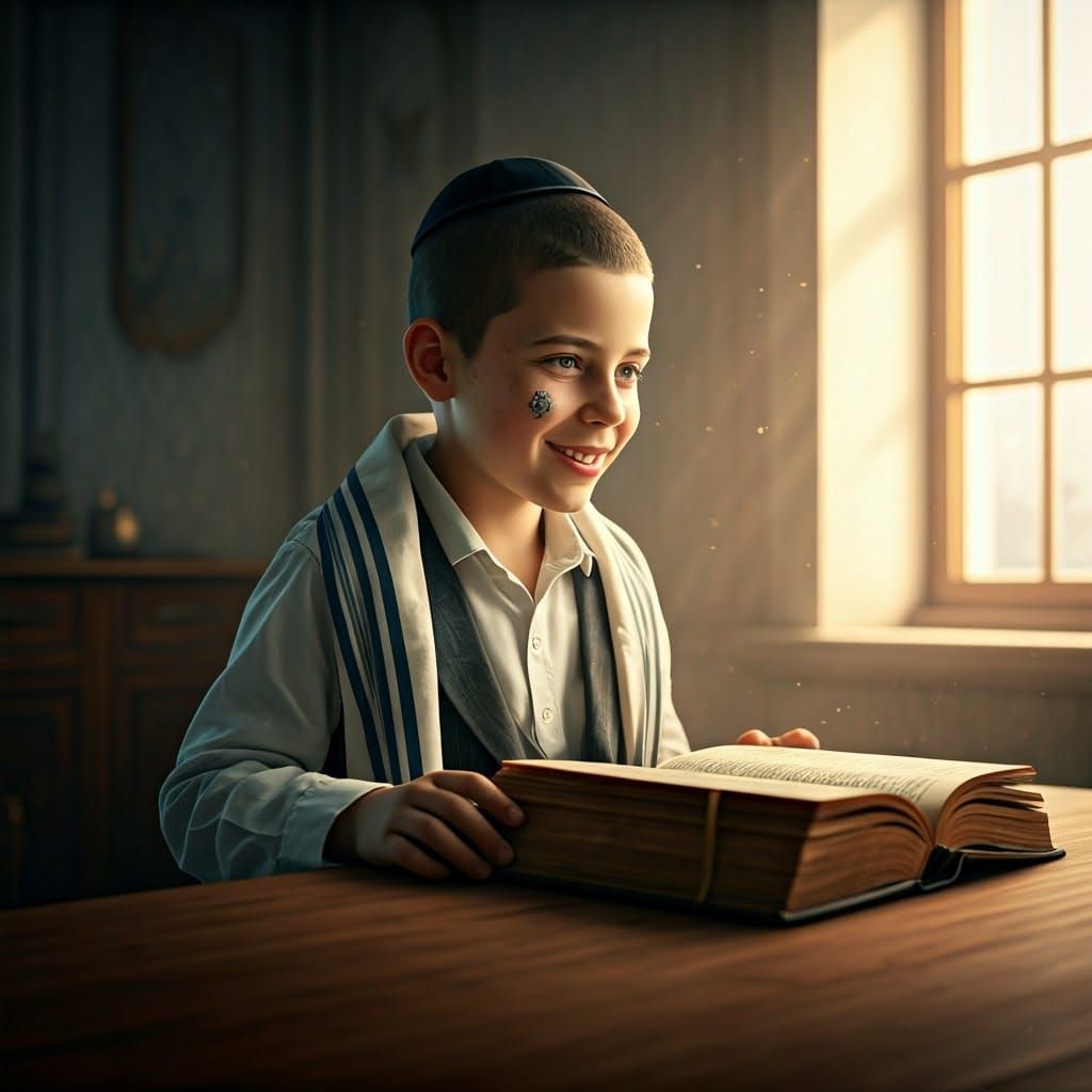 Hasidic Boy Studies in Golden Light, Matte Painting